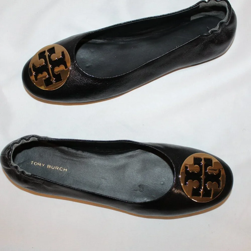 New TORY BURCH‎ CLAIRE LEATHER BLACK GOLD ACCENT BALLET FLAT